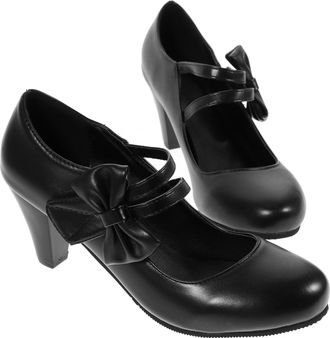 SOLUSTRE Womens Chunky Heel Classic Strap Shoes with Simple Bowknot, Black High Heels Size 38 for Elegant Daily and Party Wear