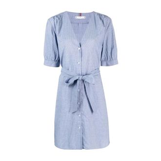 Tommy Hilfiger Textured Short Dress - Dames - Shirt Kleedjes - Blauw - S - Linnen - Kleedjes