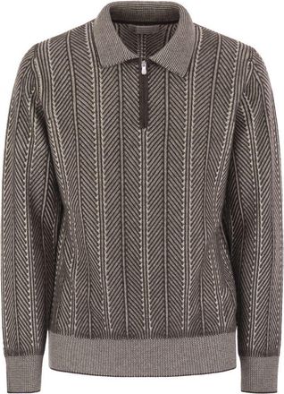 Brunello Cucinelli Brunello Cucinelli Mens Vanise Chevron Cashmere Sweater With Polo Neck And Zip Opening - Grey - Size EU 50 (Mens)