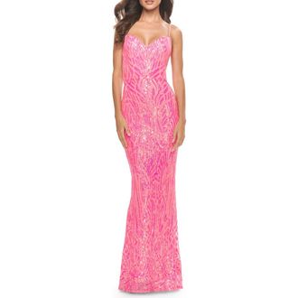 La Femme Gorgeous Print Sequin Dress with Lace Up Back in Neon Pink at Nordstrom, Size 0