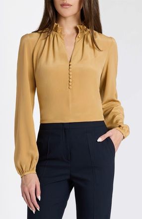 Santorelli Astrid Long Sleeve Silk Ruffle-Neck Top in Dune Sand at Nordstrom, Size 14