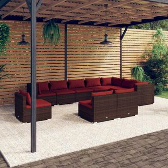 vidaXL Set Muebles De Jard&iacute;n 10 Pzas Y Cojines Rat&aacute;n Sint&eacute;tico Marr&oacute;n Vidaxl