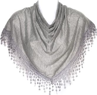 Hat To Socks Triangle Scarf with Bobbin Lace Fringes for Women (Grey)