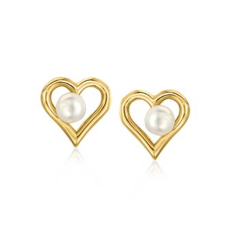 Ross-Simons 4-4.5mm Cultured Pearl Heart Earrings in 10kt Yellow Gold