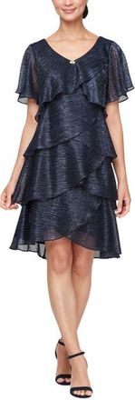S.L. Fashions Embellished V-Neck Short Sleeve Shimmer Bodre Tier Cocktail Dress in Navy at Nordstrom, Size 10P