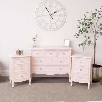 Melody Maison Large Pink 6 Drawer Chest Of Drawers & Pair Of 3 Drawer Bedsides - Sophia Pink Range in Pale Pink