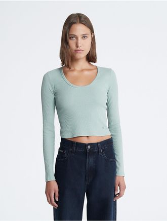 Calvin Klein Womens Waffle Cropped Scoopneck T-Shirt - Green - XS