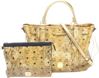 MCM Pre-owned Tote Bags, female, Multicolor, Size: ONE SIZE Pre-owned Visetos Python Embossed PVC Coated Canvas 2way Tote Bag