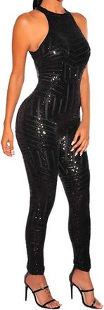 Generic Jumpsuit Womens Sexy Glitter Tight Jumpsuit Sleeveless Halterneck Trouser Suit Playsuit Backless Work Trousers Women High Waist Dungarees Sequins Jump