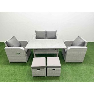 Fimous Light Grey pe Wicker Rattan Garden Furniture Set Sofa Set Reclining Chair Rectangular Dining Table 6 Seater 2 Small Stools 2 Side Table - Fimous