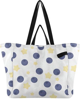 Generic Blueberries Stars White print Reusable Canvas Tote Bag, Heavy Duty Grocery Shopping Bag with Large Capacity Hard Bottom Double Handles Work Groceries 