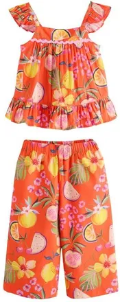 Next Kids Fruit Print Peplum Top & Wide Leg Pants Set in Orange at Nordstrom, Size 6-7