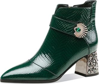 TinaCus Patent leather side zipper chunky heel boots for women handmade pointed toe mid rhinestone green fleece lined officially licensed star wars silent one