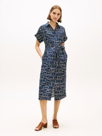 Tommy Hilfiger Womens Flag Print Belted Linen Midi Shirtdress - Navy - XL