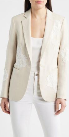 Anne Klein Floral Appliqu&eacute; Linen Blend Blazer in Natural Grain/Crisp White at Nordstrom, Size 10