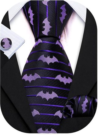 Barry.Wang Funny Animals Ties Silk Men Purple Bat Necktie Set Handkerchief Cufflinks Wedding Party