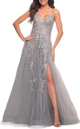 La Femme Tulle Prom Dress with Lace Detail in Silver at Nordstrom, Size 10