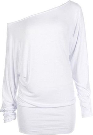 Crazy Girls Womens Long Sleeve One Off-Shoulder Plain Baggy Batwing Top UK8-24, White, 3XL (UK 24-26)