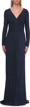 La Femme Long Sleeve Rhinestone Gown with Pleated Waist in Navy at Nordstrom, Size 18
