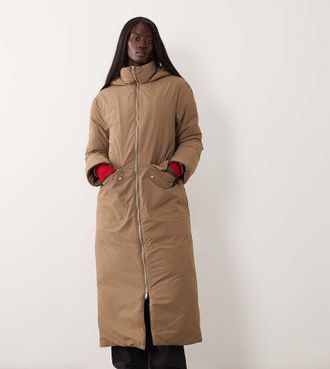 Asos Tall ASOS DESIGN Tall giacca imbottita lunga con cappuccio mushroom-Marrone