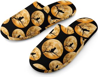 Generic Black Cat Sitting On Moon Flannel Mens Slip-on Slippers Winter Warm House Shoes with Rubber Sole for Home Hotel