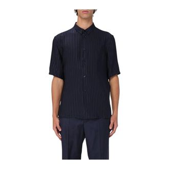 Saint Laurent Short Sleeve Shirts, male, Blue, 2XS, Silk Shirt Vertical Stripes