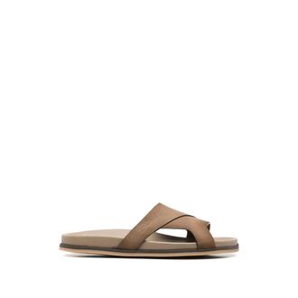 Santoni Sliders, male, Brown, Size: 10 US Grained Leather Crossover Strap Slider