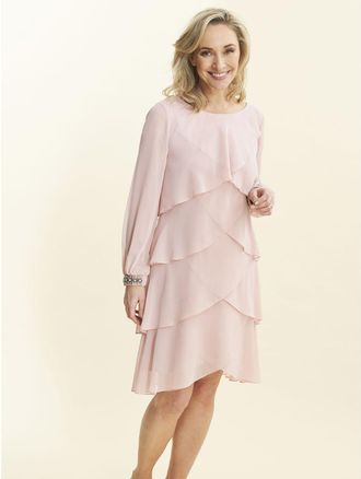 Gina Bacconi Womens Sakura Long Sleeve Tiered Dress With Rhinestone Beading At Cuff - Pink - Size 10 UK