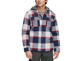 Levi's Washed Cotton Shirt Jacket with A Jersey Hood and Sherpa Lining Mens Clothing Navy/Red Skater Plaid (NRE) : MD, Jersey/Cotton