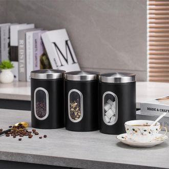 OEM Juego De 3 Cajas De Almacenamiento Para T&eacute;, Caf&eacute; Y Az&uacute;car, De Metal Negro