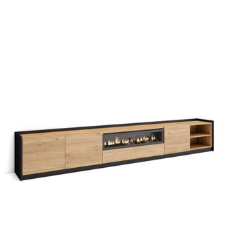 Skraut Home Mueble tv efecto madera roble negro 310x37x50cm chimenea efecto fuego