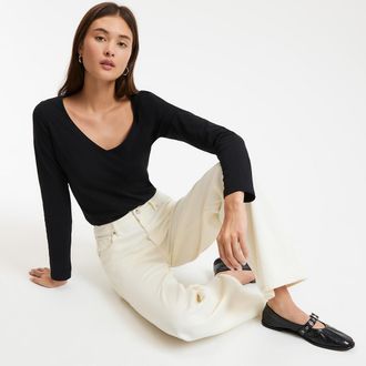 La Redoute Collections Katoenen T-shirt, V-hals, lange mouwen