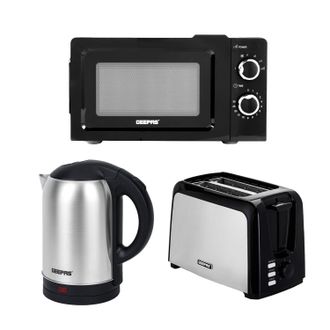Geepas 1.8L Electric Kettle, 2 Slice Bread Toaster & 20L Solo Manual Microwave Oven Set in Black