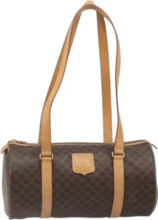 Chanel Vintage Barrel Leather Brown Pvc Handbag (Pre-Owned)
