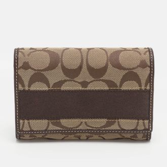 Coach Beige/brown Signature Canvas And Leather Compact Wallet