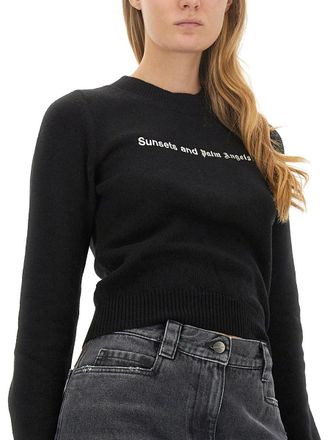 Palm Angels Merino Wool Blend Cropped Sweater - Black