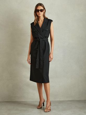 Reiss Womens Black Wool Double Breasted Midi Dress, Size: 4