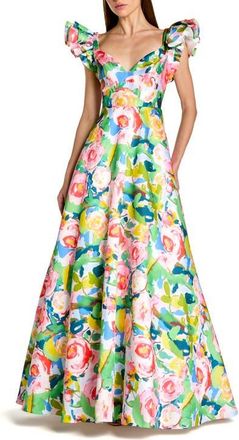 Mac Duggal Printed Mikado Ruffle Sleeve V Neck Ballgown in Blue Multi at Nordstrom, Size 14