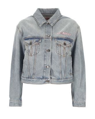Fiorucci Cropped Denim Jacket with Iconic Logo and Flap Pockets