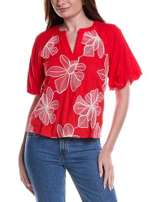 Vince Camuto Contrast Split Neck Linen-Blend Blouse