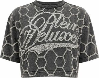 Philipp Plein Tops, Dames, Zwart, S, Katoen, T-shirt Ronde Hals SS Crystal