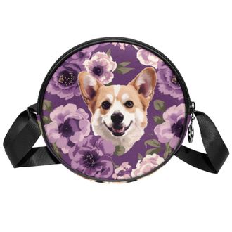 Generic Circle Crossbody Bag for Women, Corgi Floral Purple Small Sling Bag Daypack with Zipper Adjustable Shoulder Straps Casual Ladies Girls Round Purse