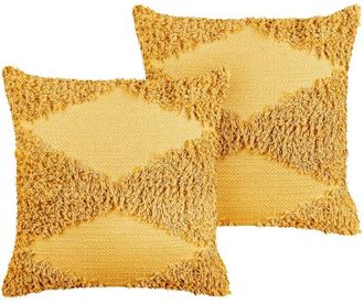 Beliani Set of 2 Decorative Cushions Yellow Cotton 45 x 45 cm Geometric Pattern Boho Decor Accessories RHOEO