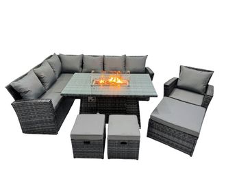 Fimous Rattan Outdoor Patio Gas Firpit Table Sofa Set with 3 Stools Chair in Dark Grey