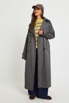 Boohoo Womens Maxi Double Breasted Belted Trench Coat - Grey Cotton - Size 14 UK