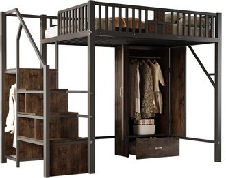 STILVORA Cama Alta Cama Doble Con Armario, Cajon Y Escalera De Almacenaje, 140 X 200 Cm, Sin Colchon