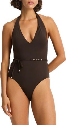 Sea Level Australia De Luxe V-Neck Halter One-Piece Swimsuit in Espresso at Nordstrom, Size 12