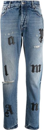 Palm Angels letter-embellished skinny jeans - men - Cotton/Cotton/Leather - 28 - Blue