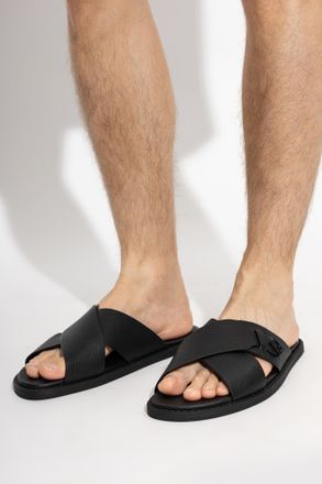 Fendi Leather Slides With Logo, Mens, Black