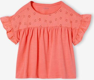 Vertbaudet Blusenshirt mit Volant&auml;rmel und Lochstickerei, M&auml;dchen koralle